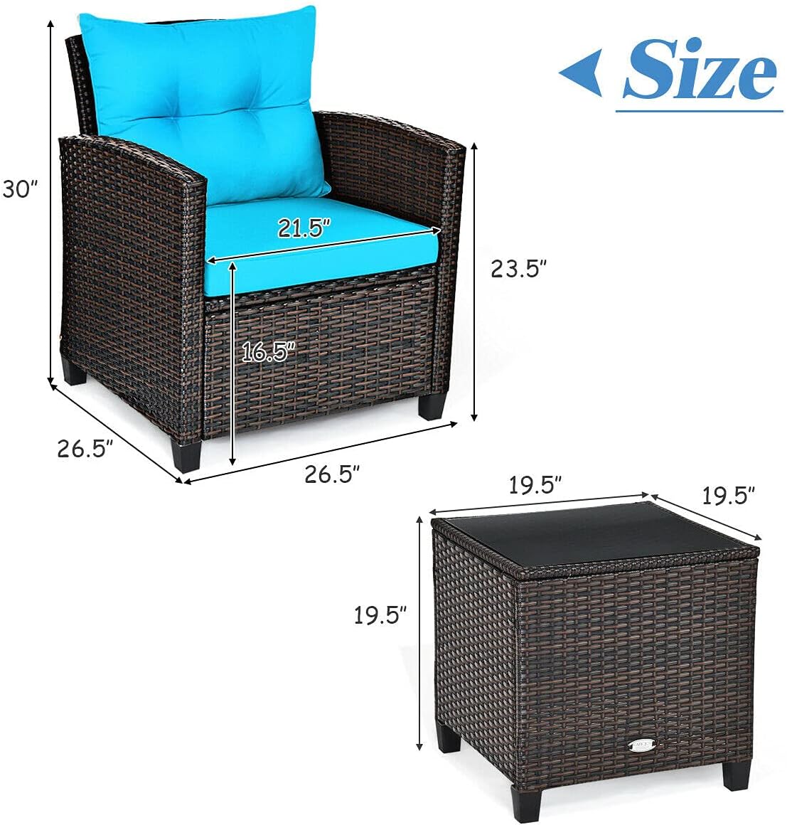 HAPPYGRILL 3-Piece Patio Furniture Set Outdoor Rattan Wicker Bistro Sofa Set Conversation Furniture with Cushion & Table