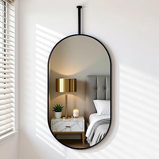 Oval Mirror for Bathroom, Rose Gold/Black with Adjustable Hanging Rod & Metal Frame, Perfect Over Sink - Espejos para Baños & Ceiling Mirror (Black,Small)