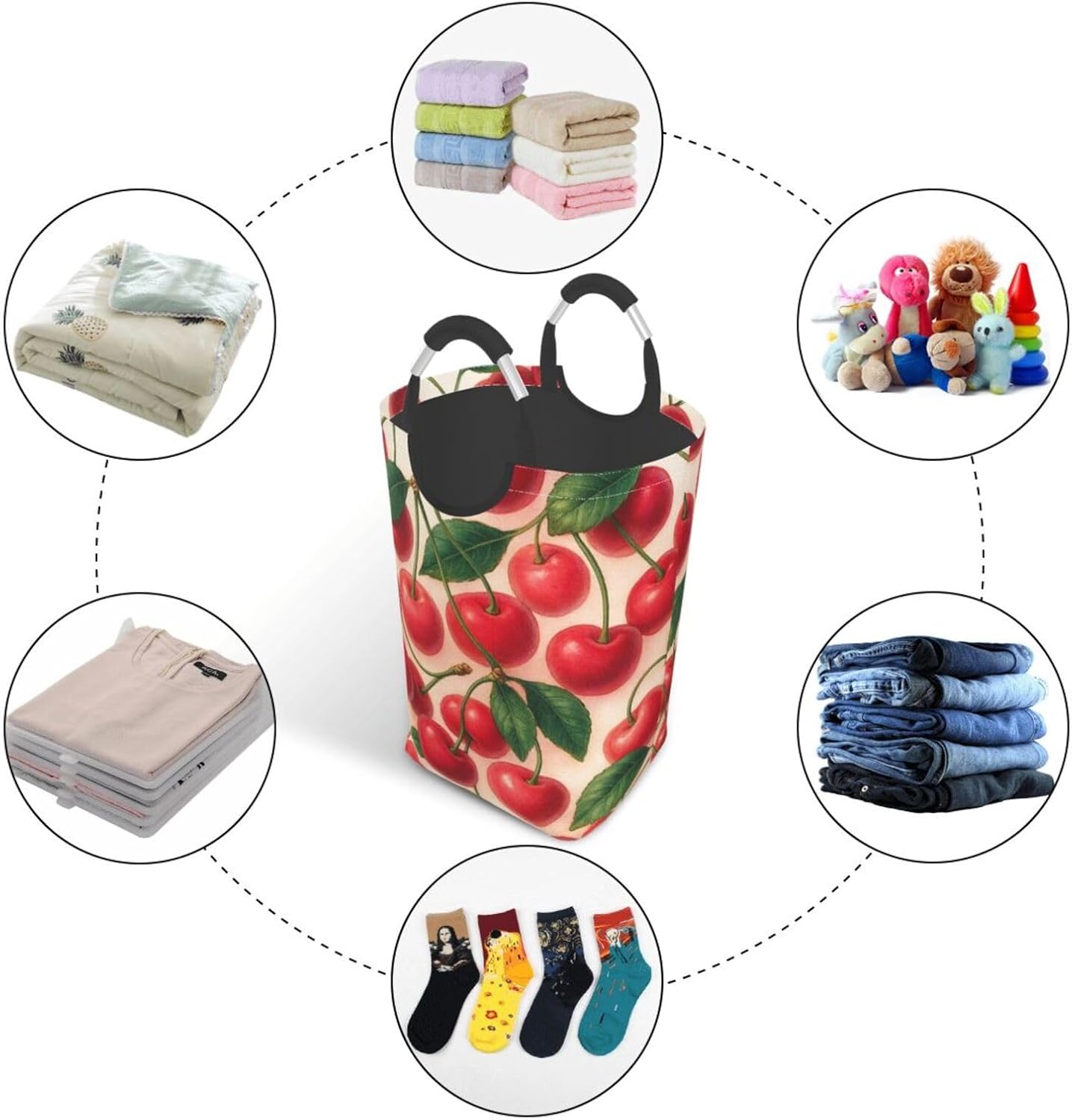 50l Laundry Basket Cherry Pattern Waterproof Laundry Hamper Foldable Clothes Laundry Bag With Handles