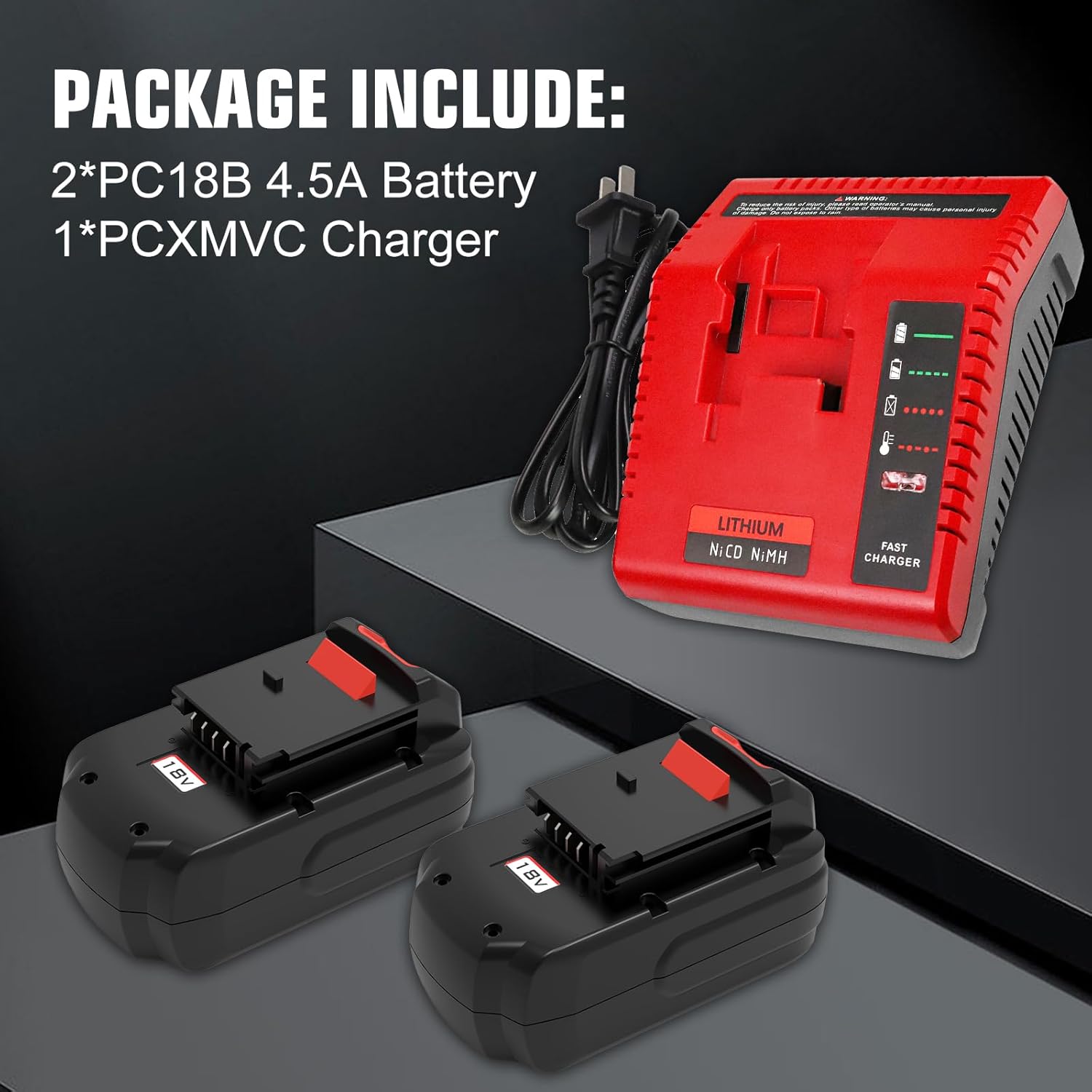 2 Pack 4500mAh High Capacity Ni-Mh 18 Volt PC18B Replacement Battery and PCXMVC PCMVC Charger Compatible with Porter Cable 18V Battery PC18B PC18BL PC18BLEX PCC489N PC188 Cordless Power Tools(Red)