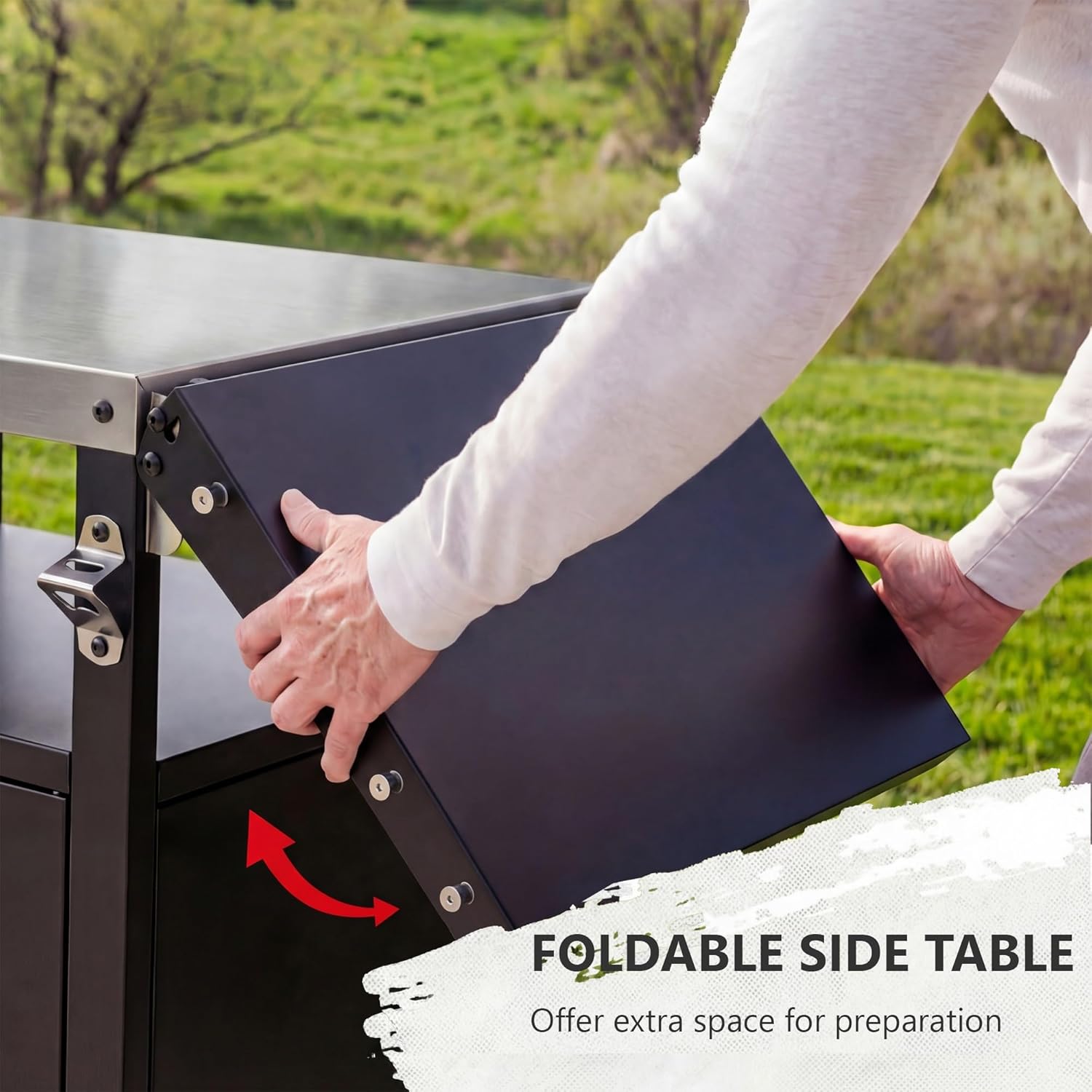 Outdoor Grill Cart with Storage Cabinet,Outdoor Metal Kitchen Island with Foldable Table,Pizza Oven Table with Wheels & Stainless Steel Top & Hooks & Spice Rack for BBQ,Waterproof Cover Included,Black