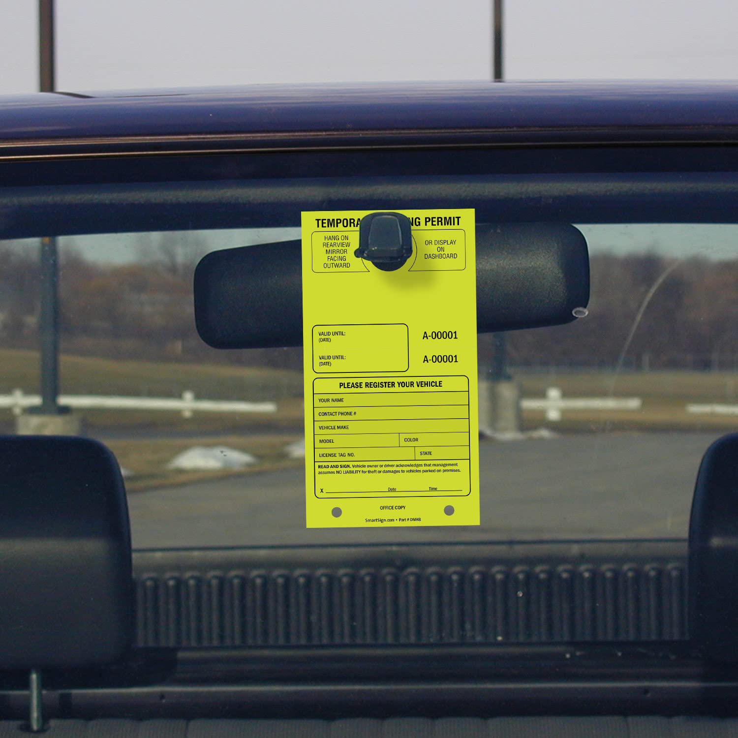 SmartSign (Pack of 50) Temporary Parking Permit Company Name, Your Address and Number Large Hang Tags | 4.25" x 7.75" Paper, Car Parking Passes with Tear Off Stub, Fluorescent Lemon Yellow