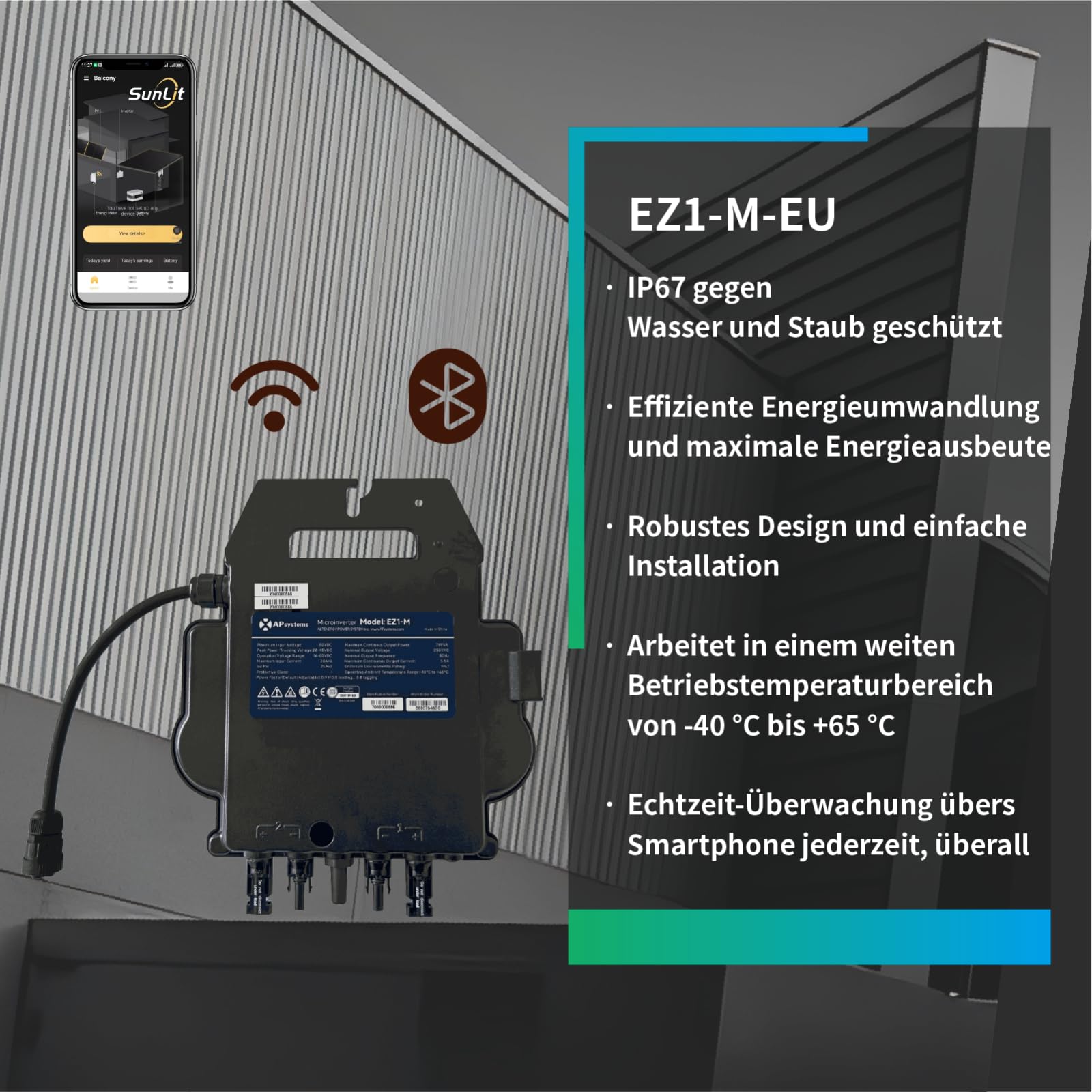 APsystems EZ1-M 800 Watt Mikrowechselrichter - WLAN, Bluetooth, Silber, Schuko (Typ F), Koaxial, 1 Stück