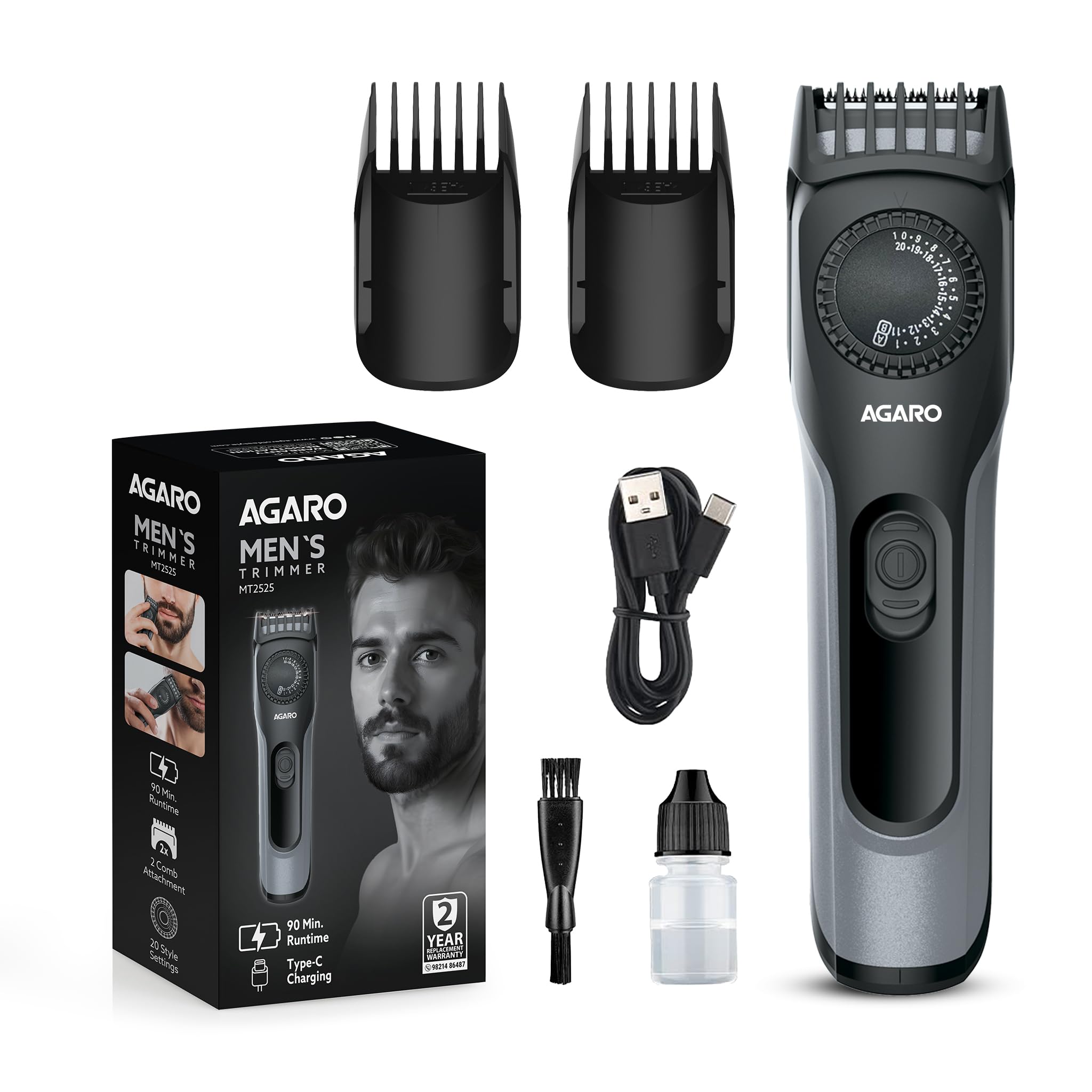 AGARO Beard Trimmer MT2525, Cordless ElectricBeard_Trimmer with Precision Dial, USB Rechargeable, 20 Length Settings Mustache Trimmer for Mens Gifts-image-39