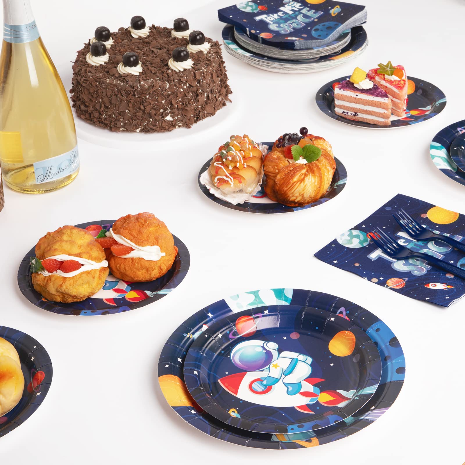 DECORLIFE Space Themed Party Supplies Serves 24, Space Birthday Decorations for Boys, Complete Pack Includes Astronaut Rocket Plates and Napkins, Forks, Total 96PCS