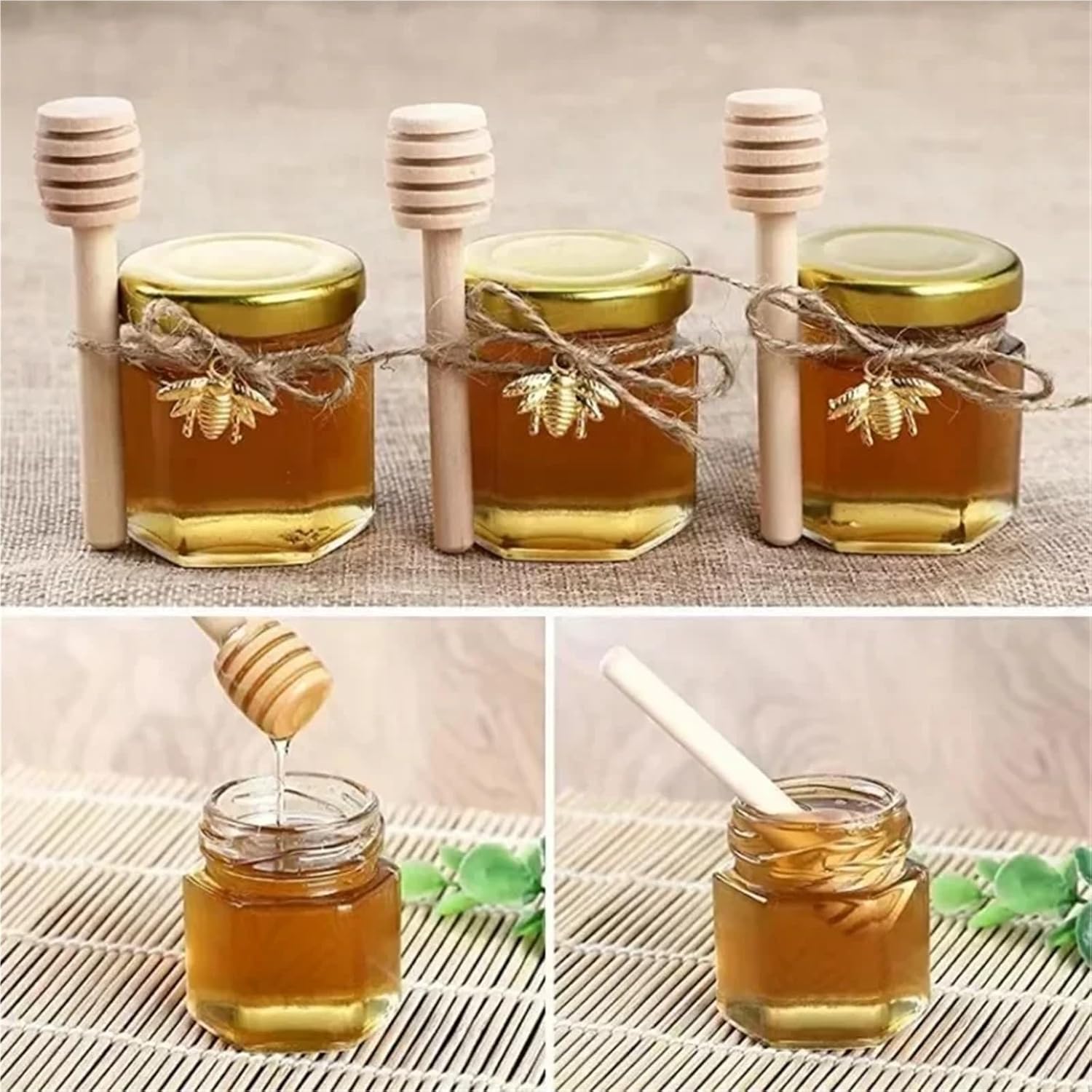 Honey Jars Party Favors 20Packs 1.5Oz Mini Hexagon Glass Honey Jars with Wood Dipper Bee Pendants and Jutes Home Jam Jars for Party Favors Wedding Baby Shower
