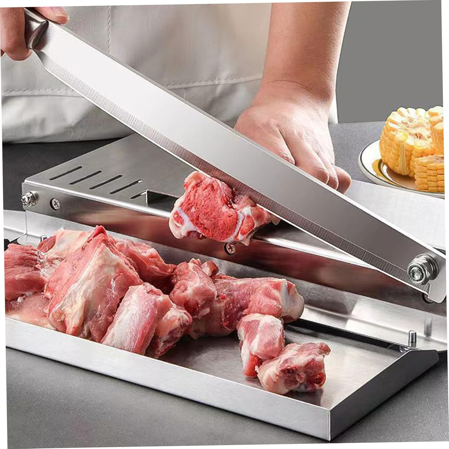 Meat Bone Cutter, Stainless Steel Manual Meat Slicer with Scale and Food Tray Bone Cutter Labor-Saving with Non Slip Handle and Suction Cup for Kitchen