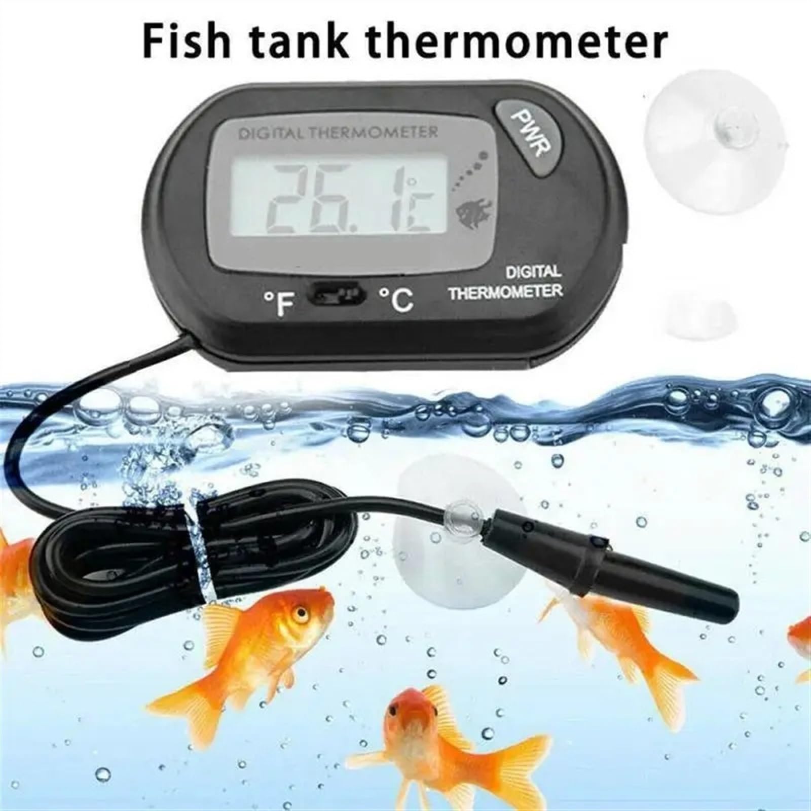 Cyfrowy termometr do akwarium LCD, wodoszczelny czujnik akwariowy z sondą, czujnikiem temperatury, narzędzie pomiarowe z przyssawką (kolor: żółty)