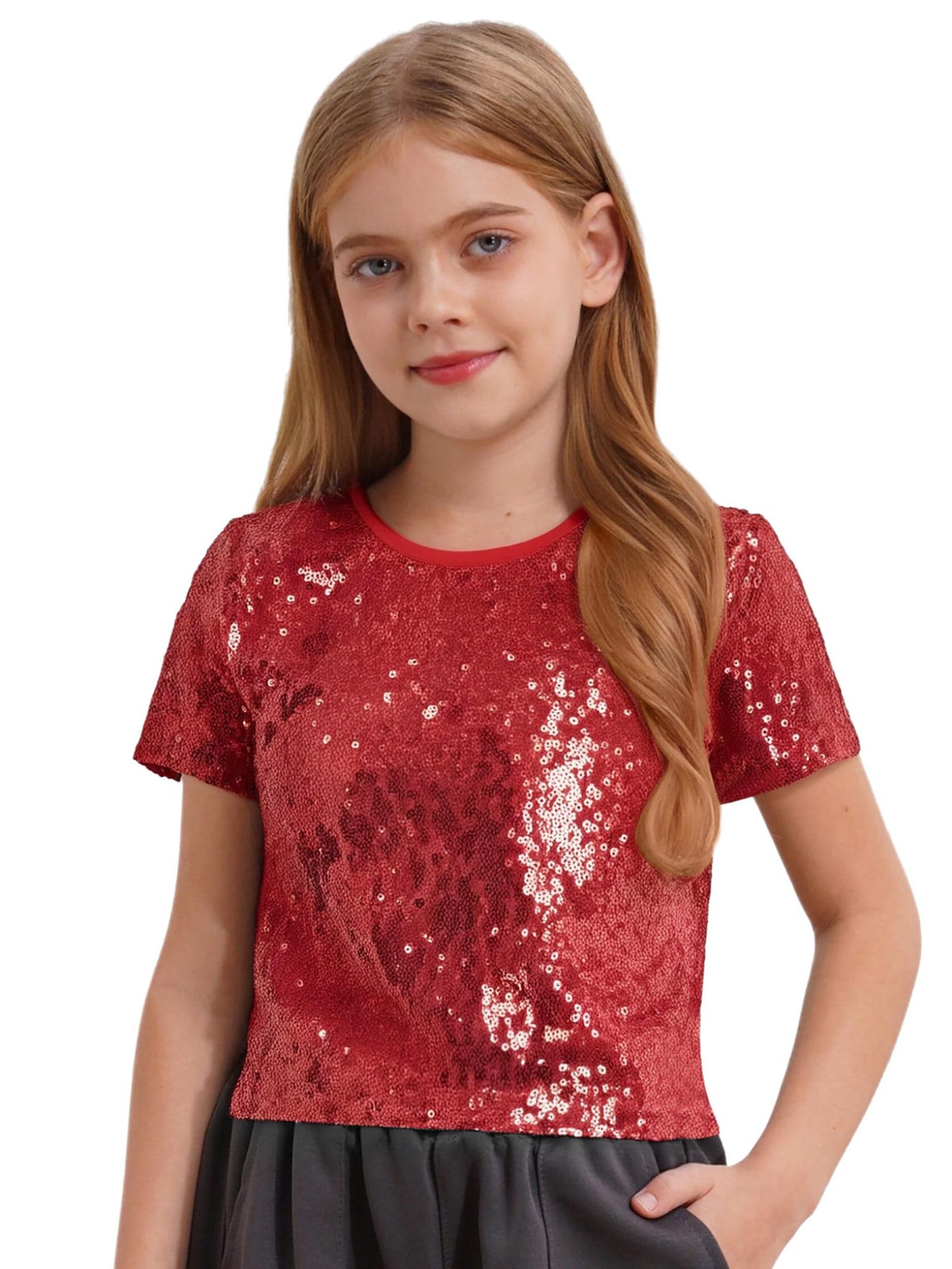 Jan Jean Kids Girls Sequin Jazz Hip Hop Dance Tops Metallic Short Sleeve Performance T-Shirts Sparkly Round Neck Blouses Red 10-14 Years