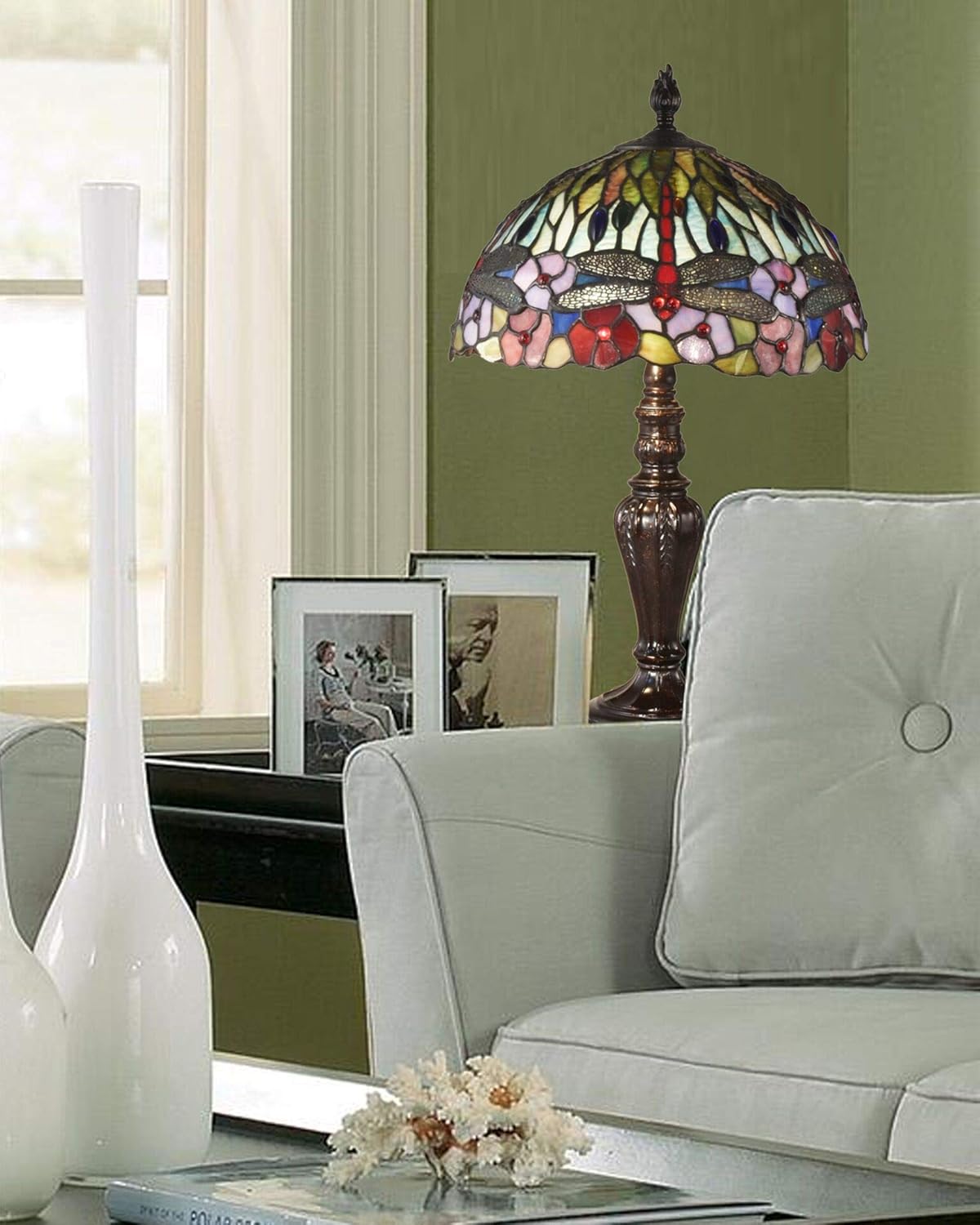 Dale Tiffany Traditional Tiffany Style Table Lamp 20" Tall Dragonfly Bounty Fieldstone Bronze Finish Metal Base Handcrafted Art Glass Shade for Home Décor, Living Room, Bed Room and Office