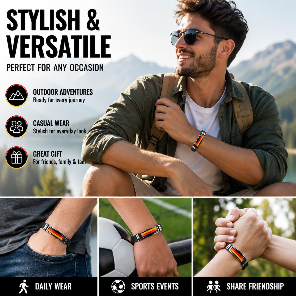 Confezione da 2 braccialetti con bandiera tedesca per uomini e donne, braccialetti regolabili in silicone, accessori per tifosi sportivi della Germania, accessori per calcio, calcio, basket, pallavolo