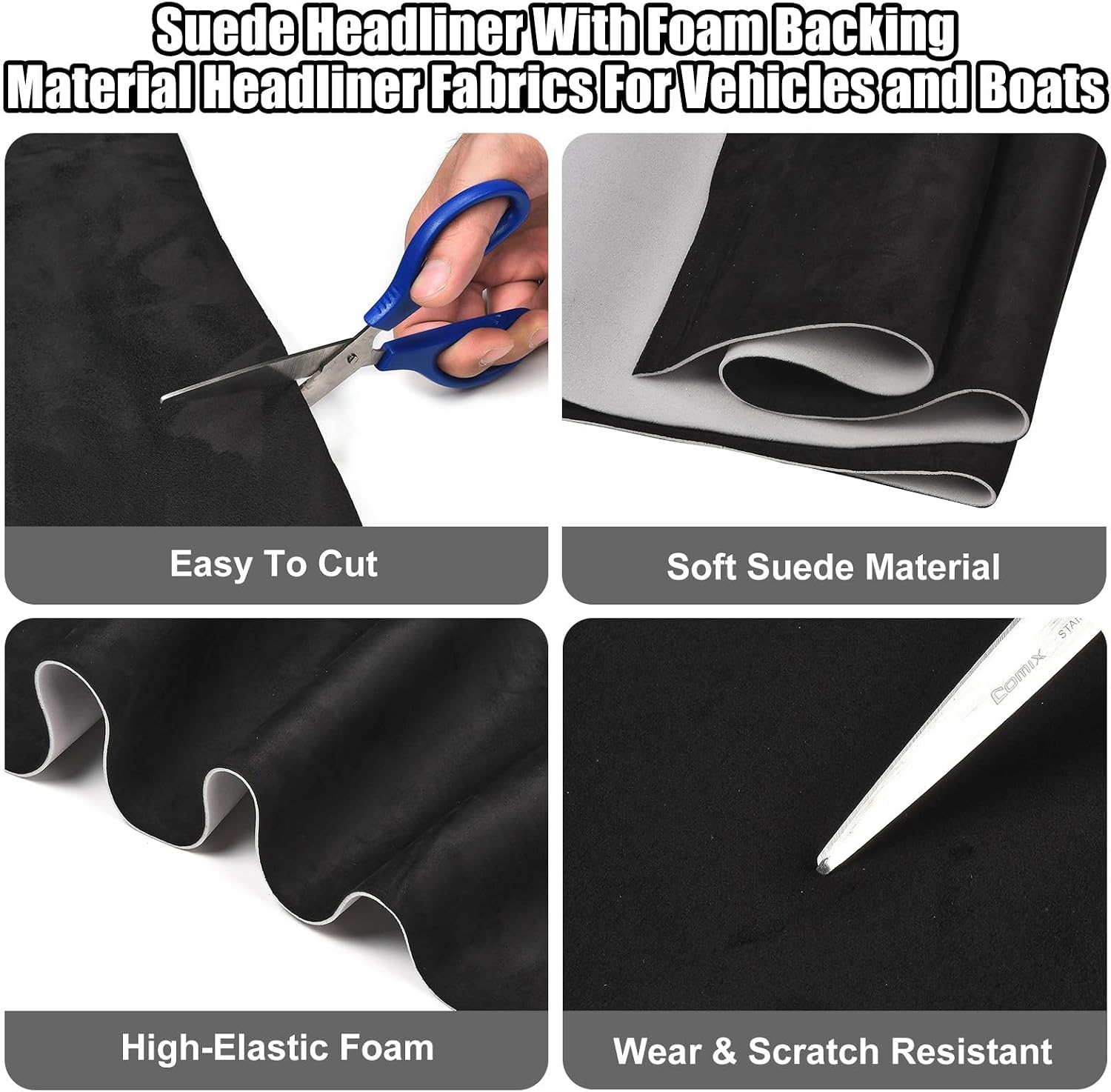 Car Roof Suede Headliner Fabric 98"x60" Foam Backed Auto Suede Headliner Material for DIY Automotive RV Boat Ceiling Interior Repair Replacement Fabric (Black)