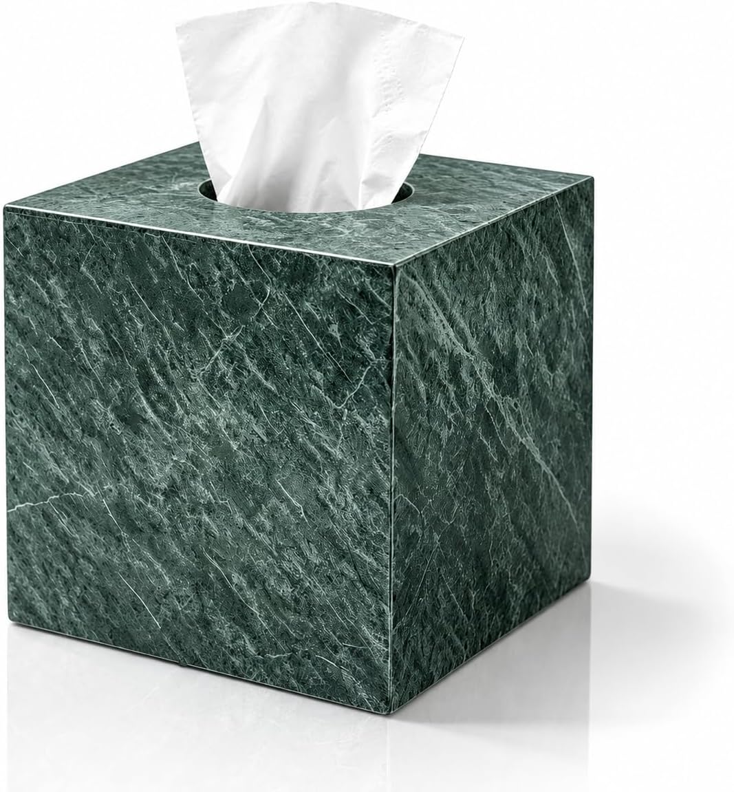 Natural Marble Tissue Box Holder Cover, Square Cube Tissue Box Holder with Open Bottom for Bathroom Vanity TopsBedroom Dressers, Kitchen Countertop, Indian Green(NS056)