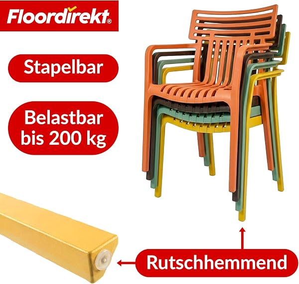 Floordirekt Chaise de jardin Sitwell avec accoudoirs - Chaise design empilable - Anthracite - Résistante aux intempéries et aux UV - Charge maximale : 200 kg - Pour balcon, terrasse et jardin - 4