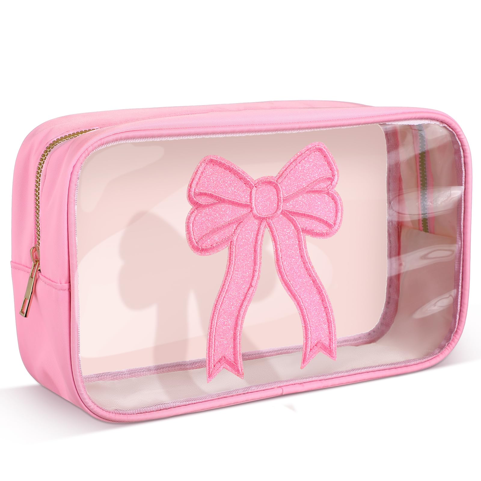 Kacctyen Pink Bow Clear Makeup Bag Coquette Pink Bow Travel Toiletry Preppy Cosmetic Bag Travel Organizer Trendy Portable Gift for Women Girlfriend