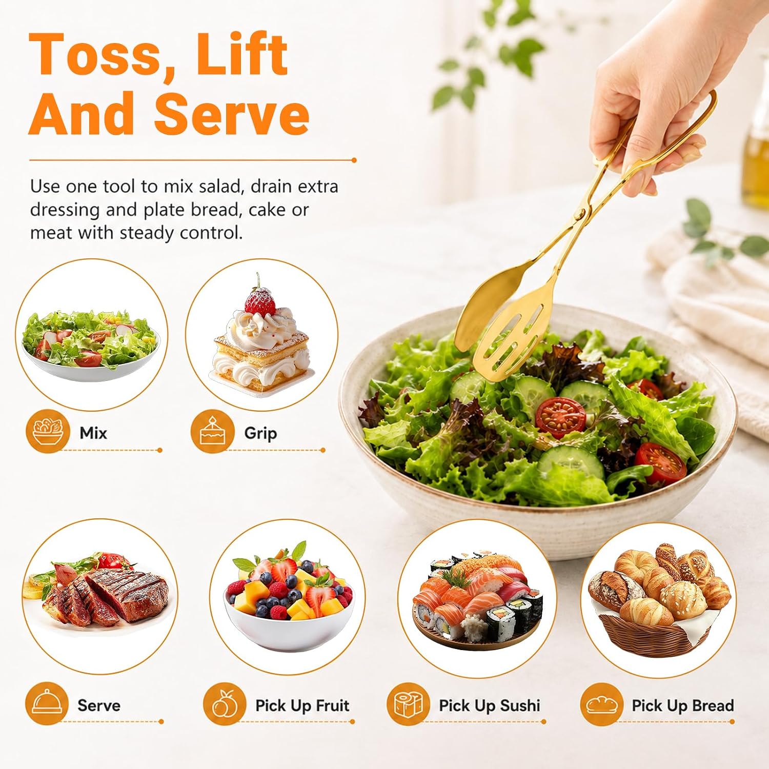 Salad Tongs for Serving 2 Pack, Stainless Steel Scissor-Style Buffet Food Serving Tongs, Heat-Resistant Dishwasher Catering Utensil for Salad, Bread, Cake, Steak, Barbecue (Gold)