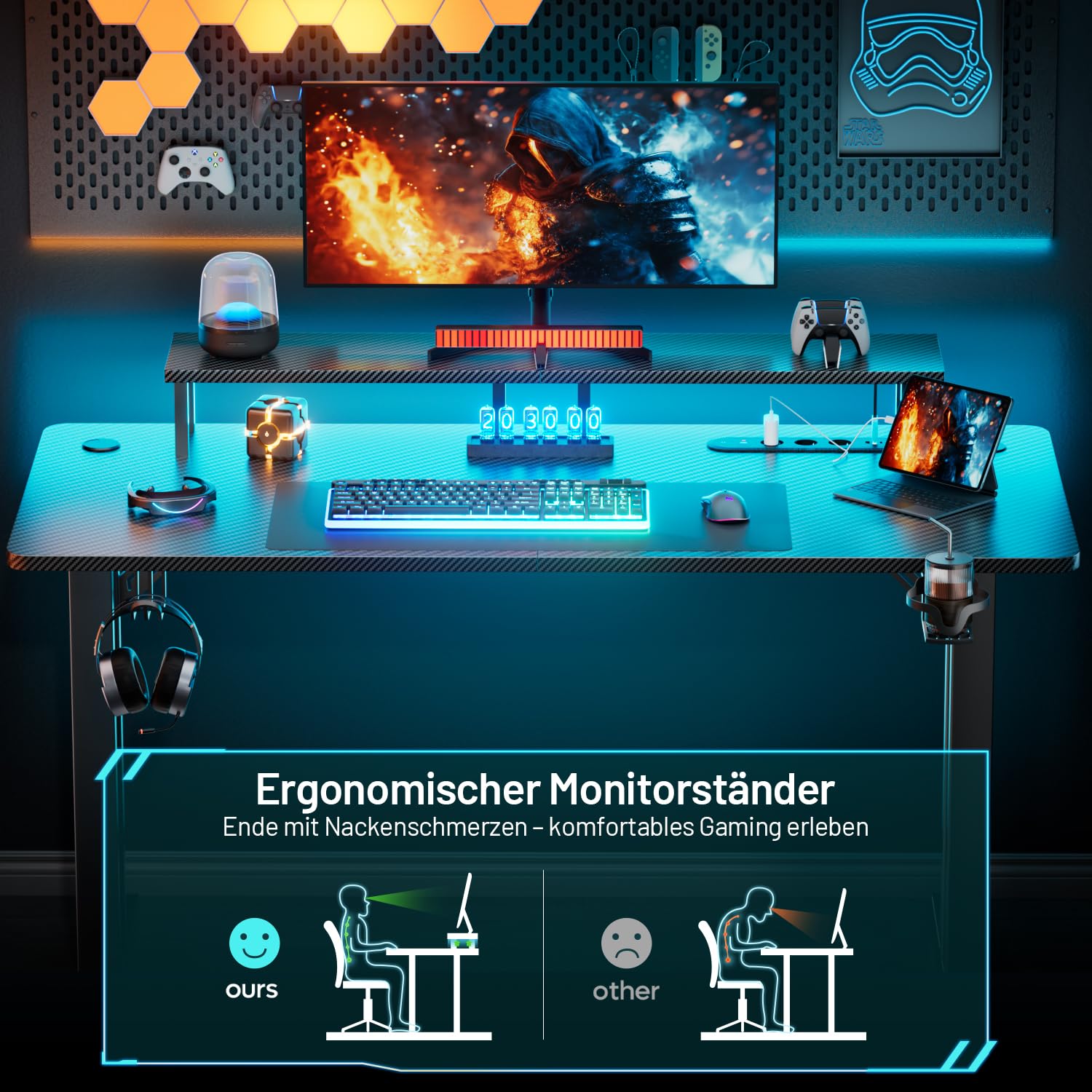 HLONONE Gaming Tisch mit LED & Steckdose, 140 x 60 cm, PC Tisch Schwarz | Computertisch mit Monitorständer, Typ-C-Anschluss & 2 USB-A-Anschlüssen, für Gaming und Büro