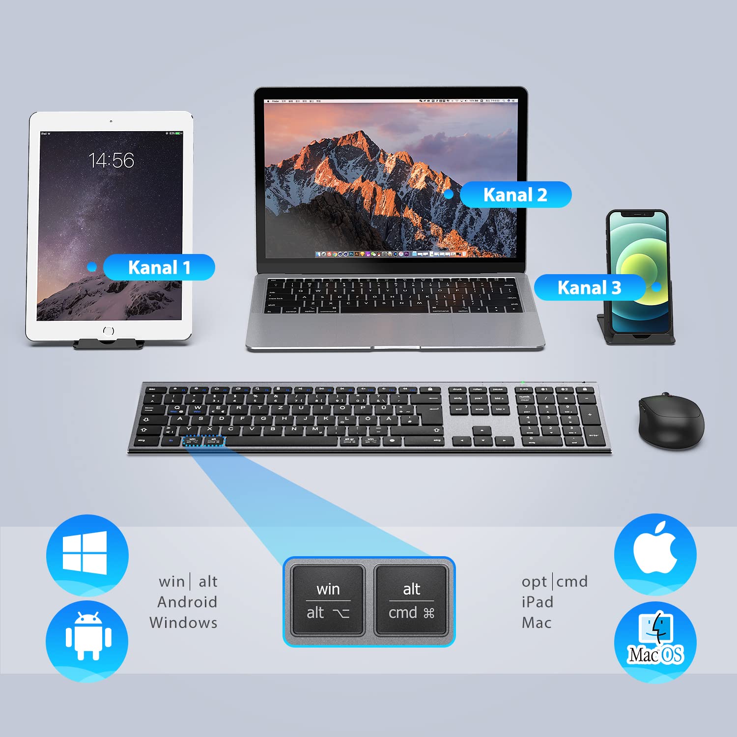 iClever Bluetooth Tastatur mit Maus, Wiederaufladbare Dualmodus USB & Bluetooth Tastatur aus Metall, 3 Geräte Verbindung Deutsch QWERTZ Funktastatur, für PC/Tablet/MacOS (Grau)