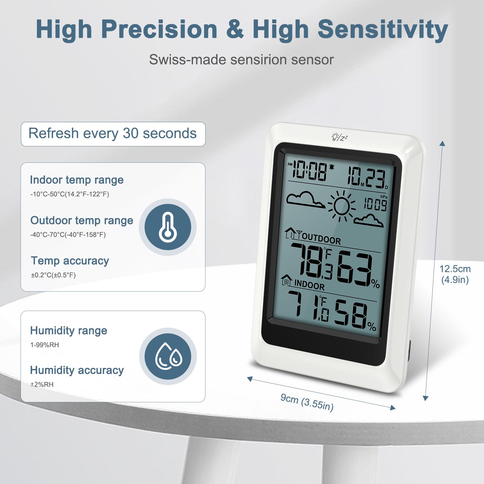 Wetterstation Funk mit Außensensor, Funkthermometer mit Wecker, Außen Innen Thermometer Hygrometer Raumthermometer Funk,Digital Raumthermometer