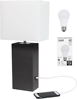 Elegant Designs LT1053-BWN-LB Modern Leather Wrapped Table Lamp with USB Port for Living Room, Hallway, Entryway, Bedroom, Office, Brown, with Feit LED Bulb Included