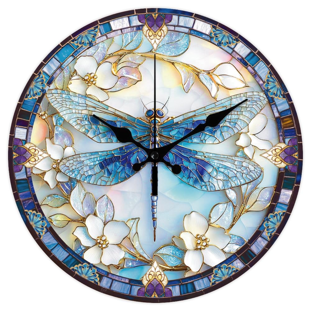 CHGCRAFT 12 Inch Dragonfly Pattern Round Printed Wall Clock Silent Non Ticking