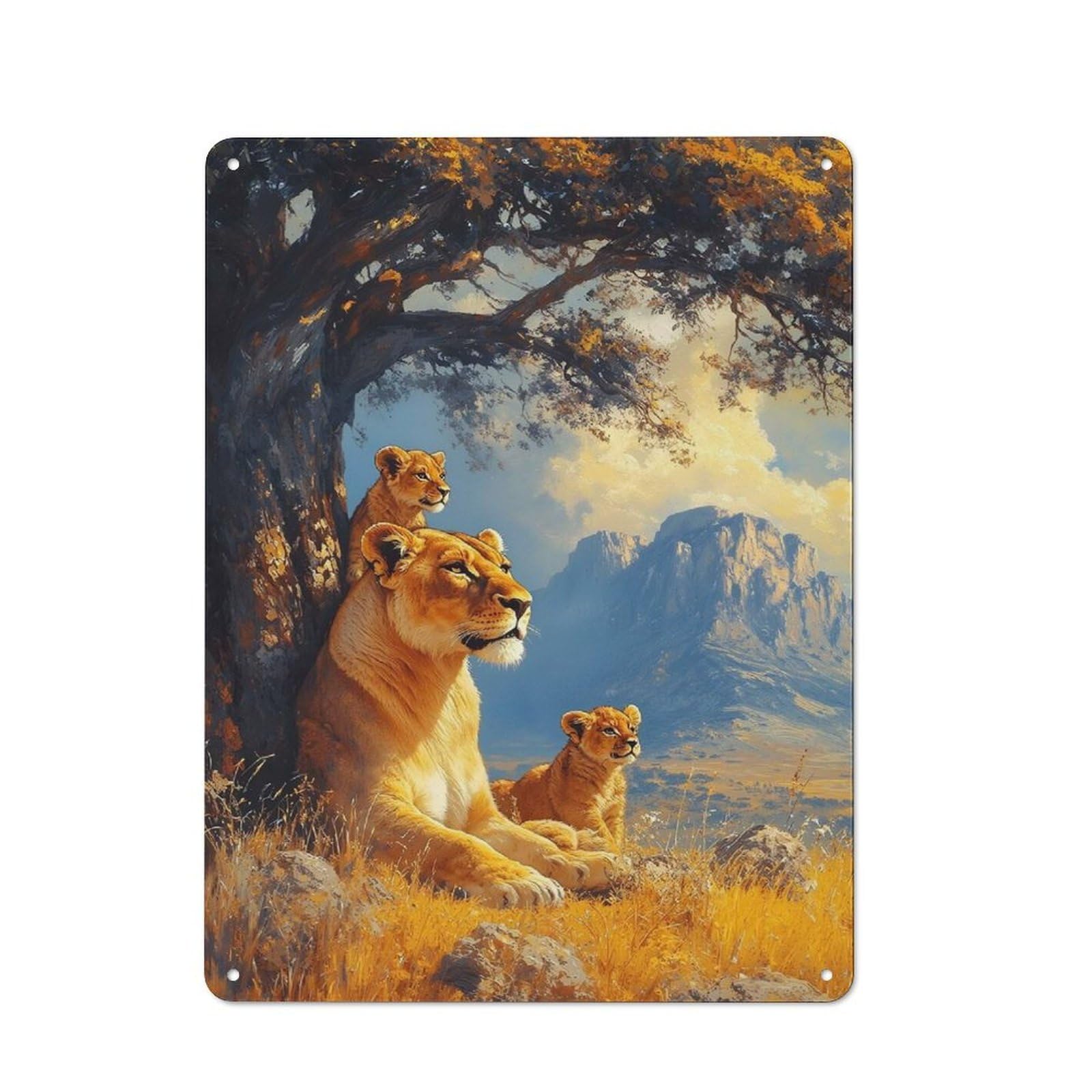 Junmoney Style-14 Country Country Metal Sign 40X30cm Featuring Lioness And Cubs Under A Tree, Rustic Kitchen Decor For Cottage, Kitchen, Hallway Or Breakfast Nook