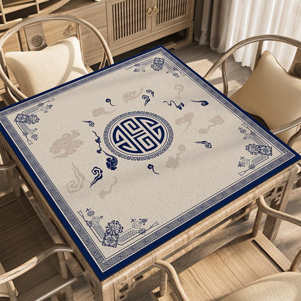 Mahjong Poker Mat forTable Non-Slip Mahjong Tablecloth 31.5x31.5 Inch Multi-Purpose Gaming Mat for Mahjong, Board Games, Card Games Durable Washable Surface with Carry Bag (White and Blue)