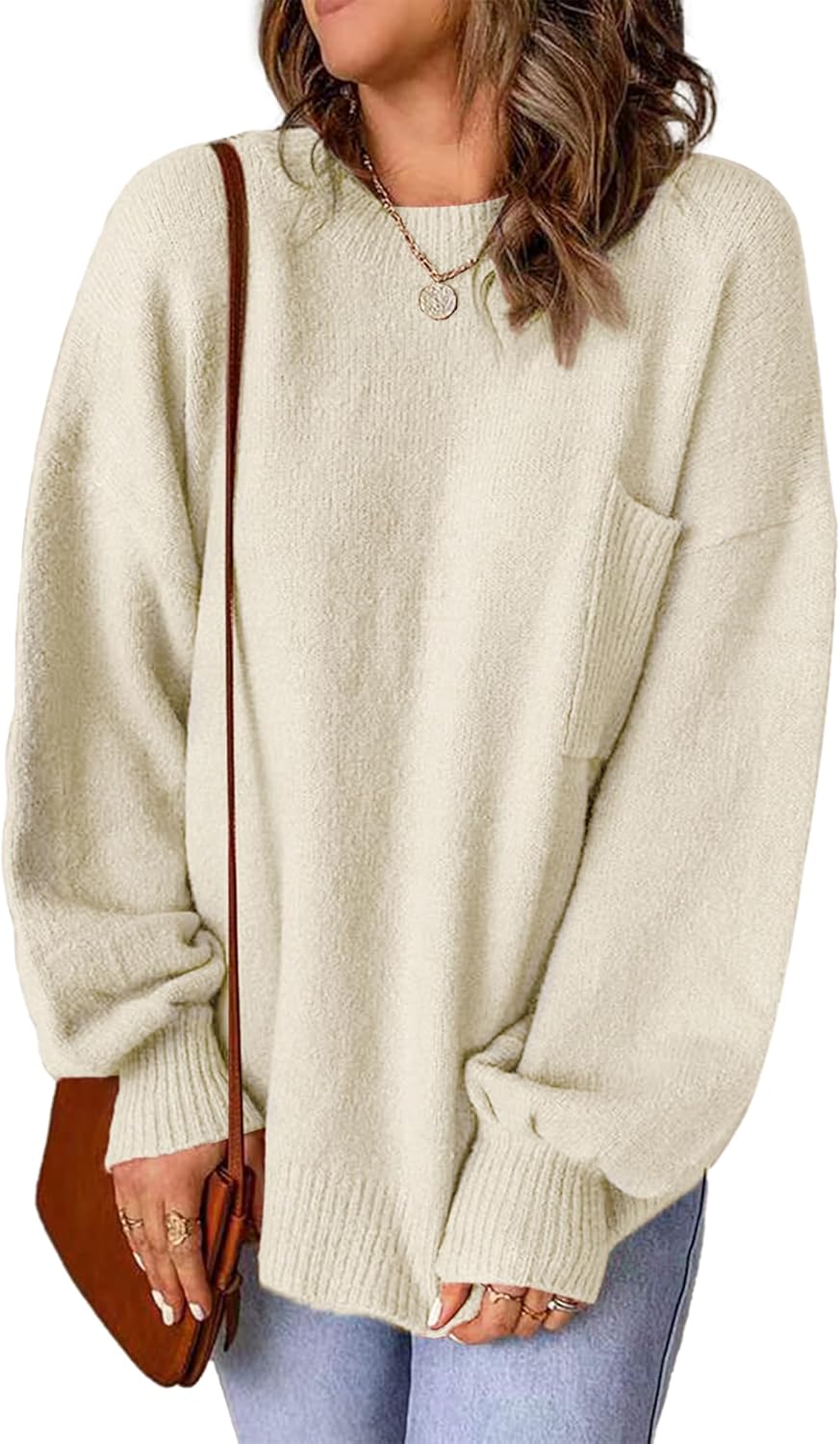 Women’s Oversized Crewneck Pocket Pullover Sweaters Fall 2024 Dressy Casual Cozy Lightweight Ribbed Knit Tunic Top