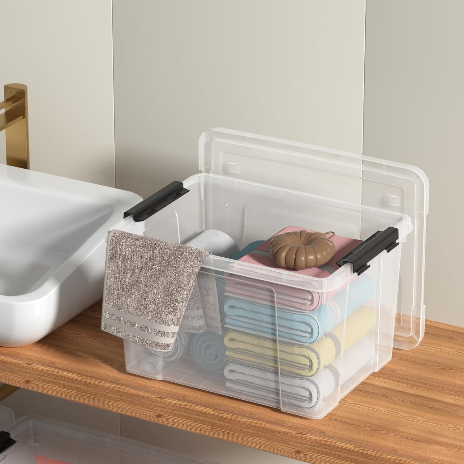 23 L Clear Latch Storage Bins with Wheels, 4 Pack Plastic Latch Storage Box with Lids