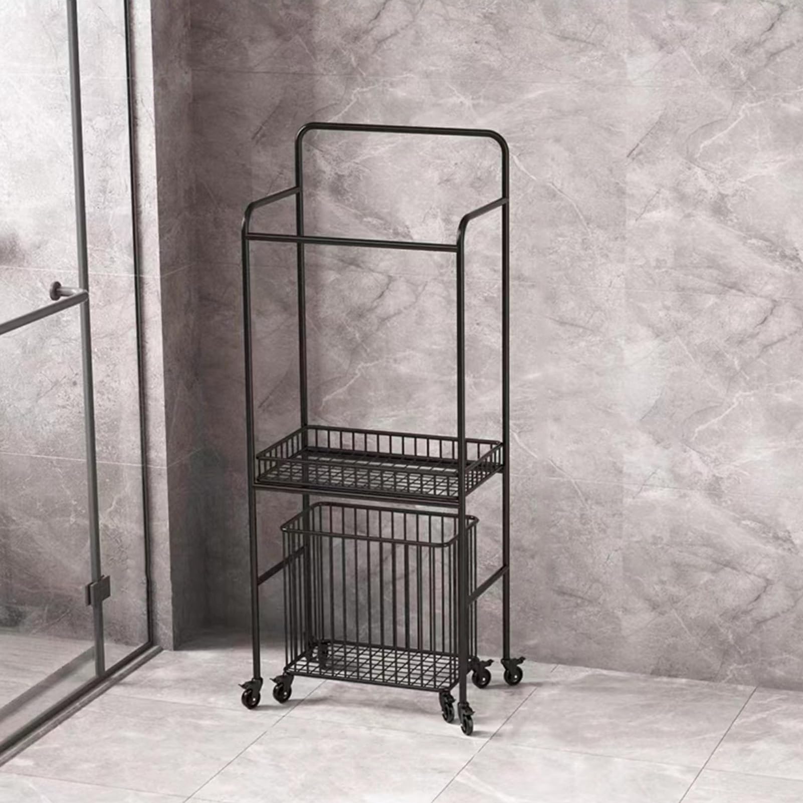 TUOYIBO Bathroom Towel Shelf, Floor Standing Bathroom Trolley Clothes Basket, Bathroom Bath Dirty Clothes Hamper Storage Shelf