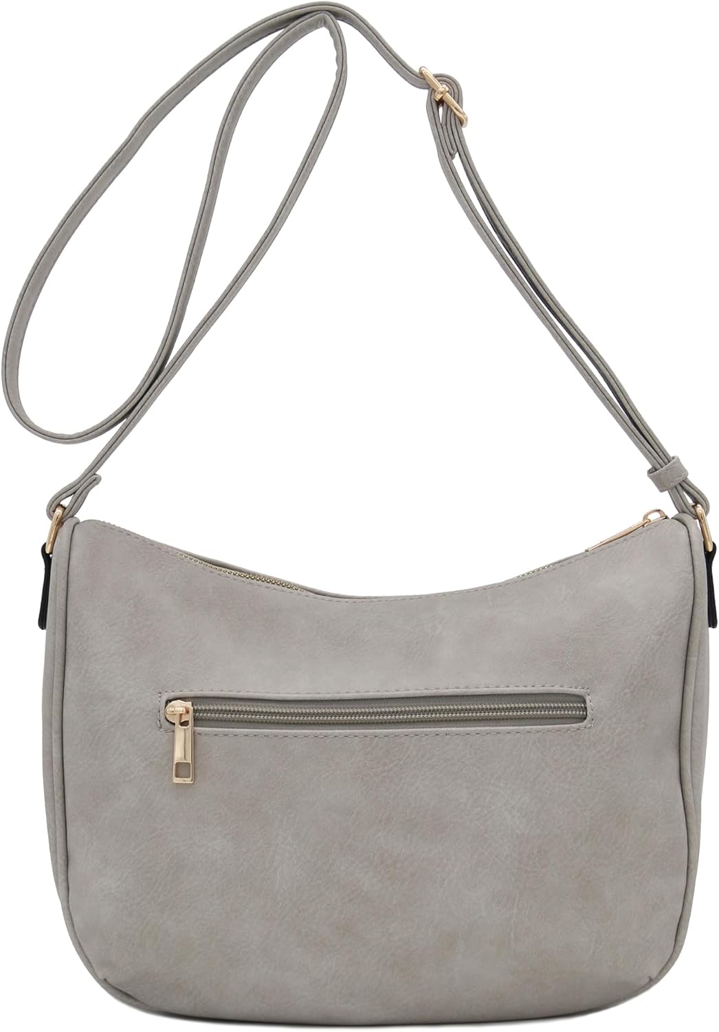 FashionPuzzle Faux Leather Two Front Zipper Pocket Crossbody Saddle Bag (Light Grey) - Image 6
