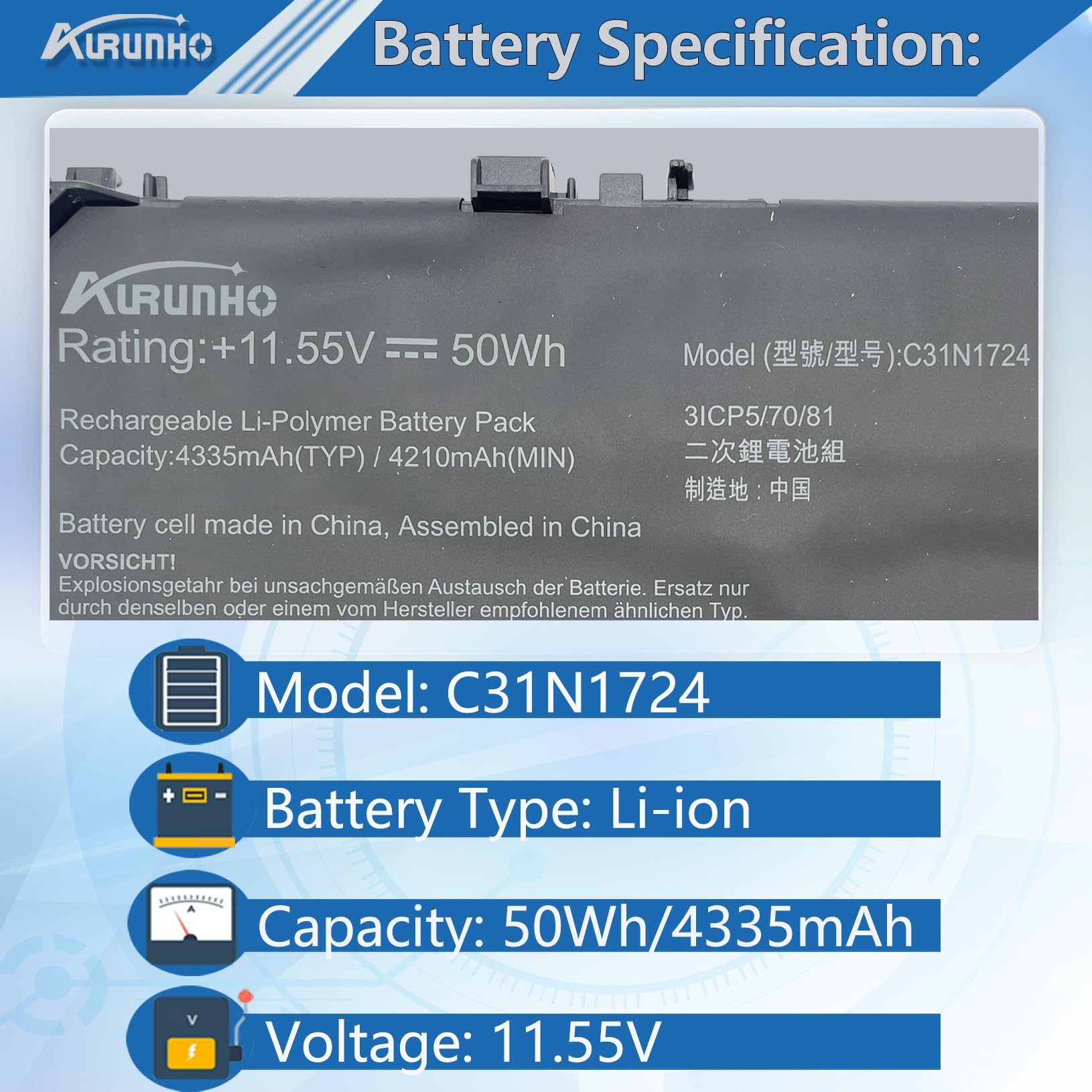Amazon.com: AURUNHO C31N1724 50Wh Laptop Battery Replacement for