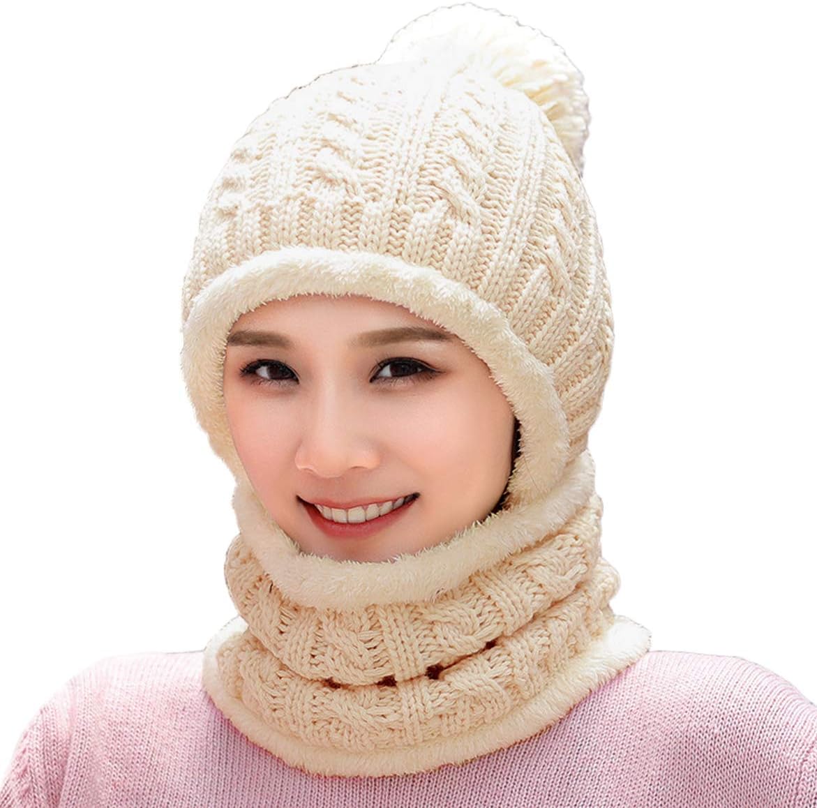 HUAMULAN Women Winter Beanie Hats One Piece Fleece Lined Knit Balaclavas Mask Set Skull Neck Circle Scarf Ski Snow Hat Pompom - Image 9