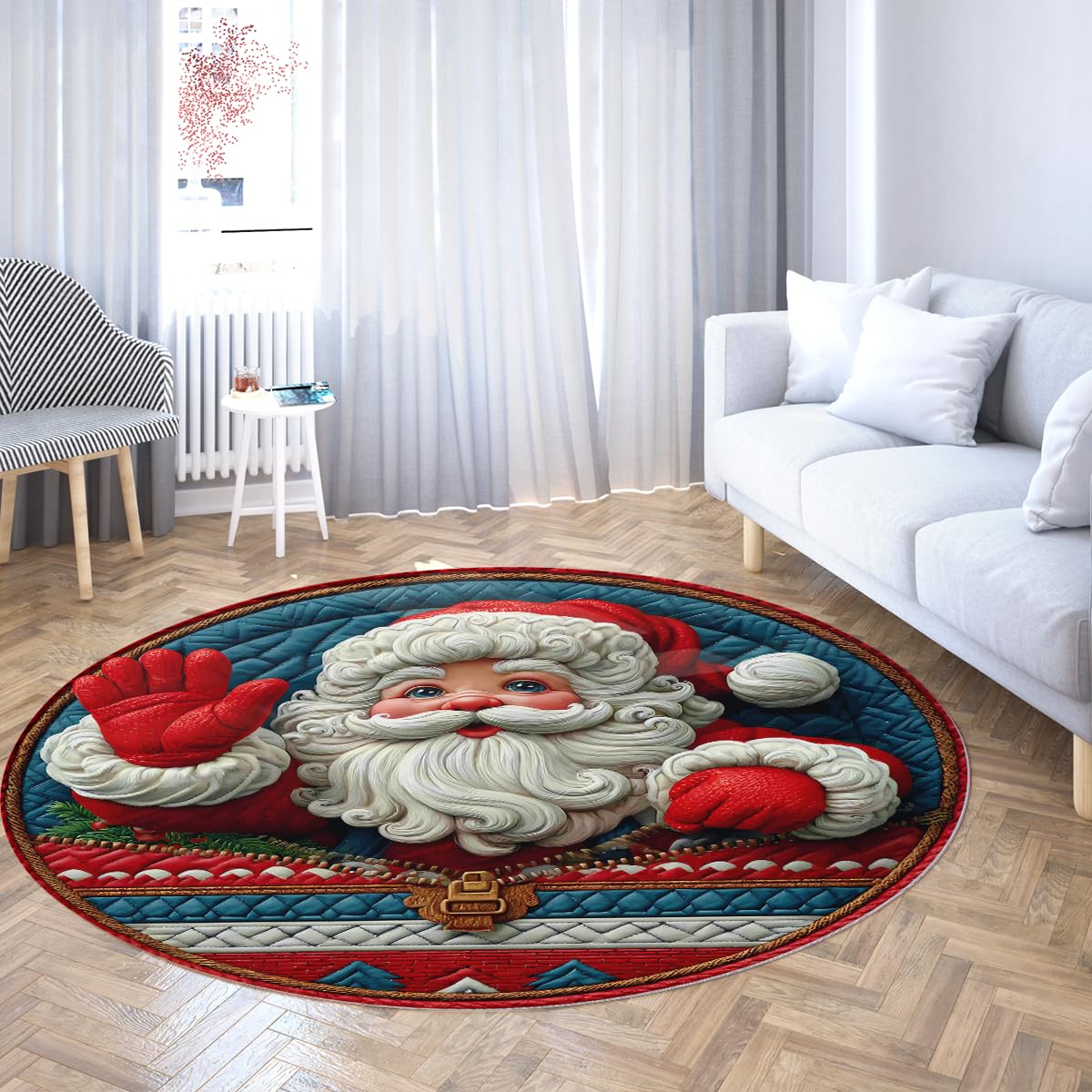 Okrągły dywan bożonarodzeniowy, 200 cm, miękki, nadaje się do prania, Jolly Santa Claus, do sypialni, kolorowy, festiwalowy, do jadalni, na Boże Narodzenie, do salonu, biura, pokoju dziecięcego