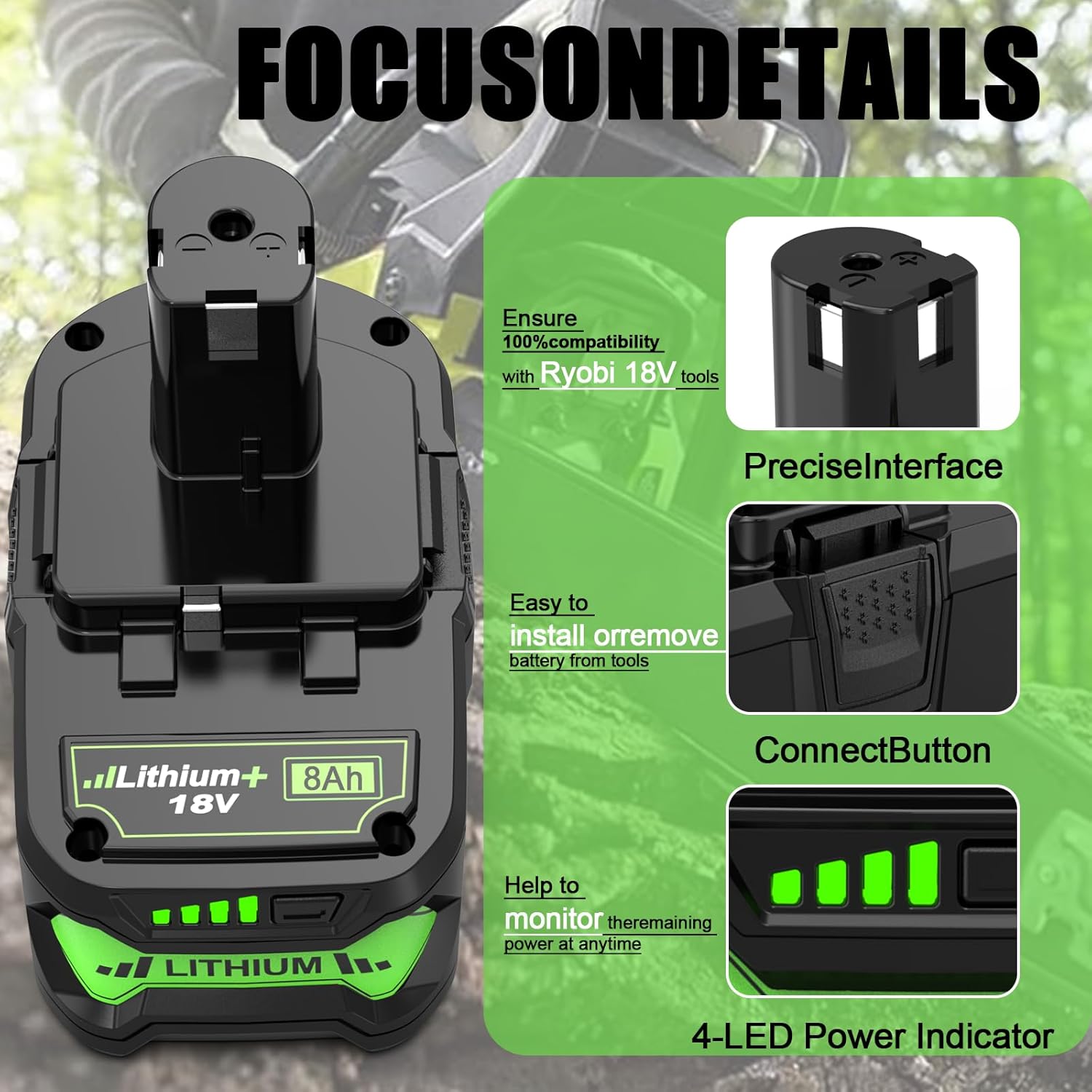 2Packs High Capacity 8.0Ah Upgrade Compatible with Ryobi 18V Battery Replacement for Ryobi ONE+ 18 Volt Battery P102 P108 P103 P104 P105 P107 P109 P122 Cordless Power Battery Tools(8AH*2) - Image 3