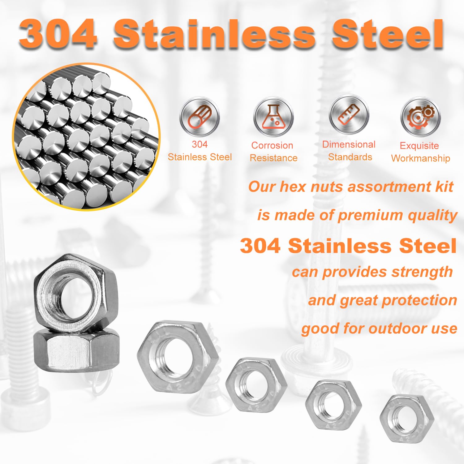 300pcs Hex Nuts Assortment Kit M2.5 M3 M4 M5 M6 M8 Hexagonal Nuts Set 304 Stainless Steel Metric Assorted Right Hand External Hex Drive with Plastic Box - Image 4