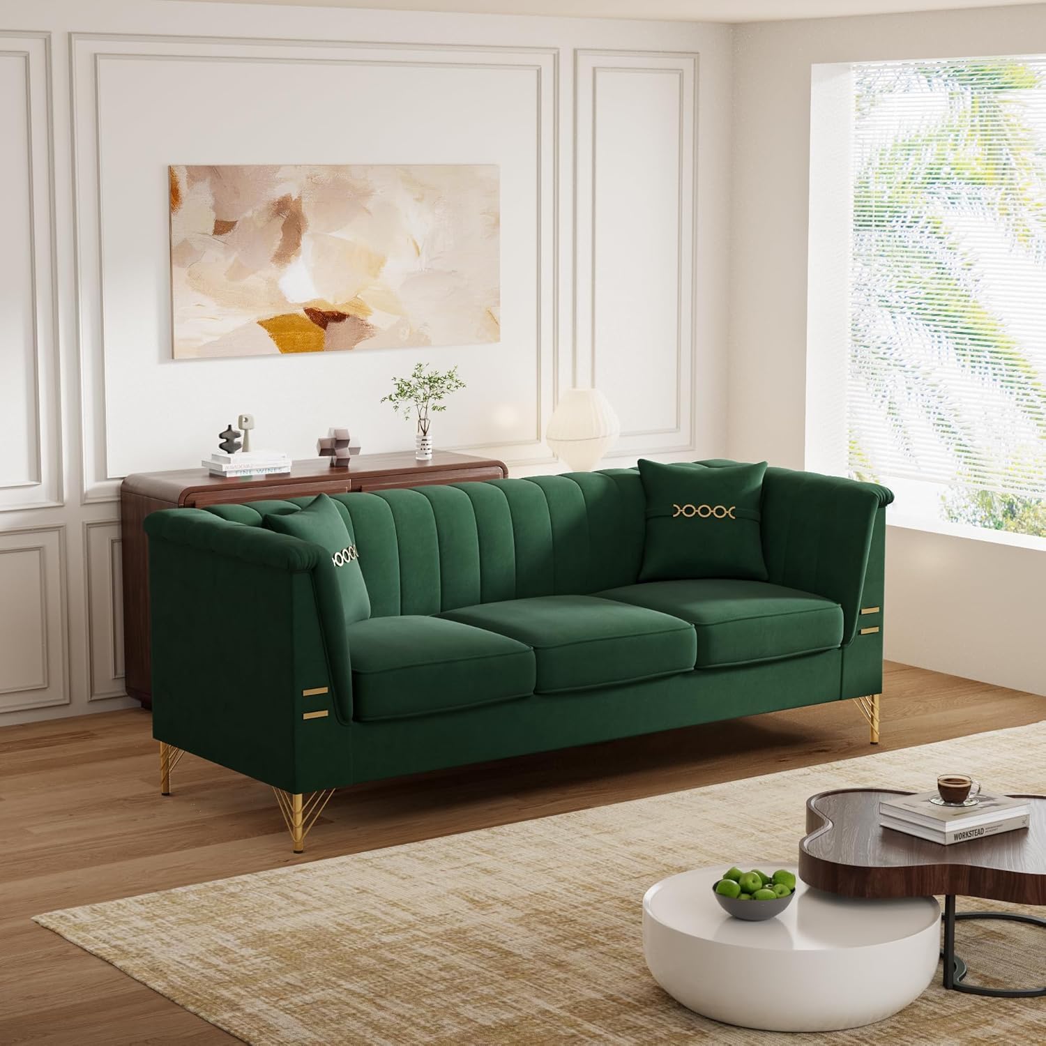 Green Velvet Couch Sofa, 83" Mid-Century Modern Sofa Couch with Flared Arms and Removable Cushions, Modern Comfy Upholstered 3 Seater Couches Chesterfield Sofa for Living Room, Office, Green