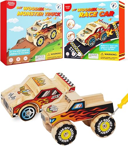 Combo de camión monstruo y coche de madera DIY con calcomanías, kit de construcción para niños, juguetes de construcción de troncos, manualidades de