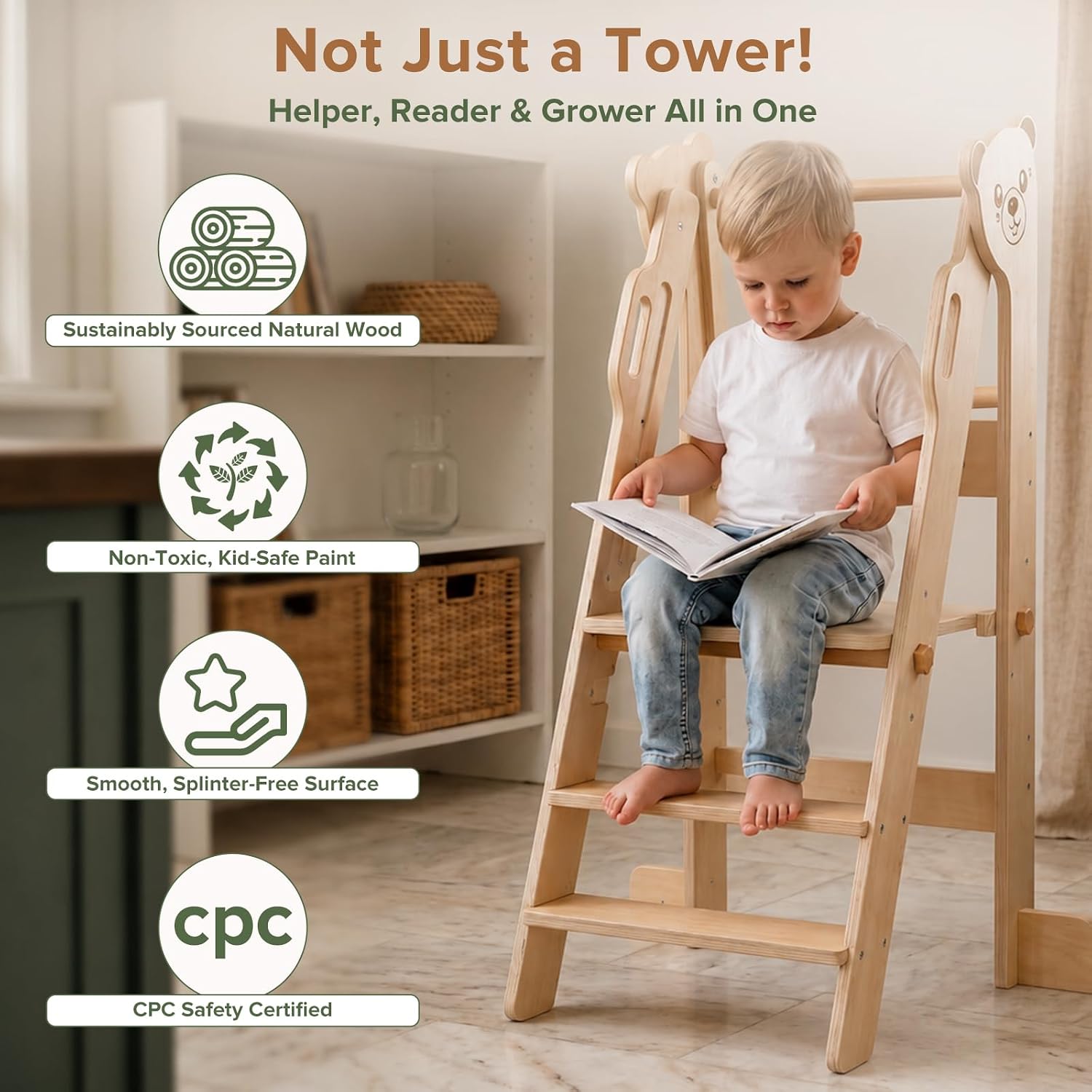 EHHLY Toddler Standing Tower,Foldable Toddler Learning Tower for Kitchen（White）