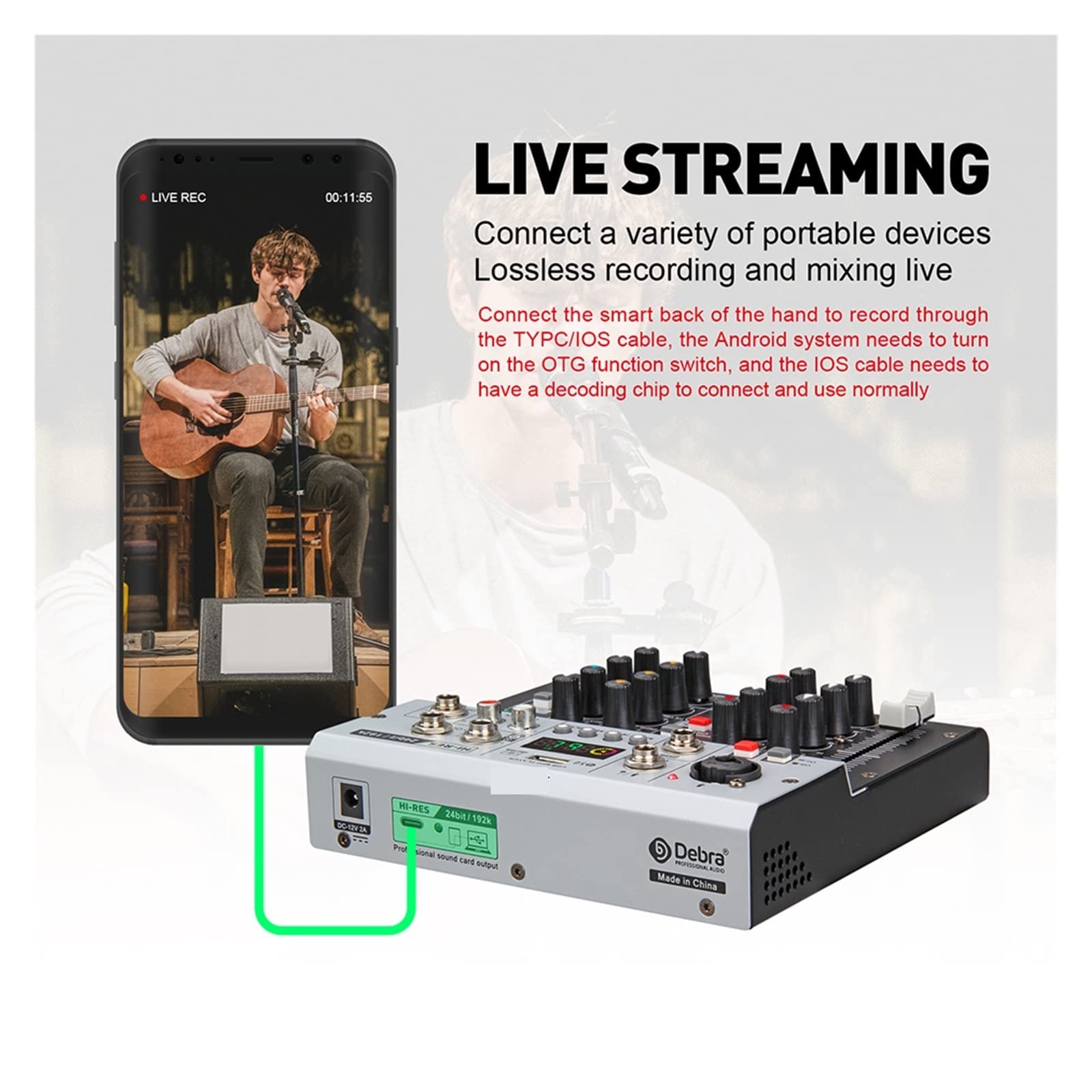 Mezclador de Audio, Tarjeta de Sonido de Interfaz con monitoreo, Calidad de Estudio 24 bits 192k, PC 5.0 BT, grabación en Vivo de Guitarra eléctrica, Canto