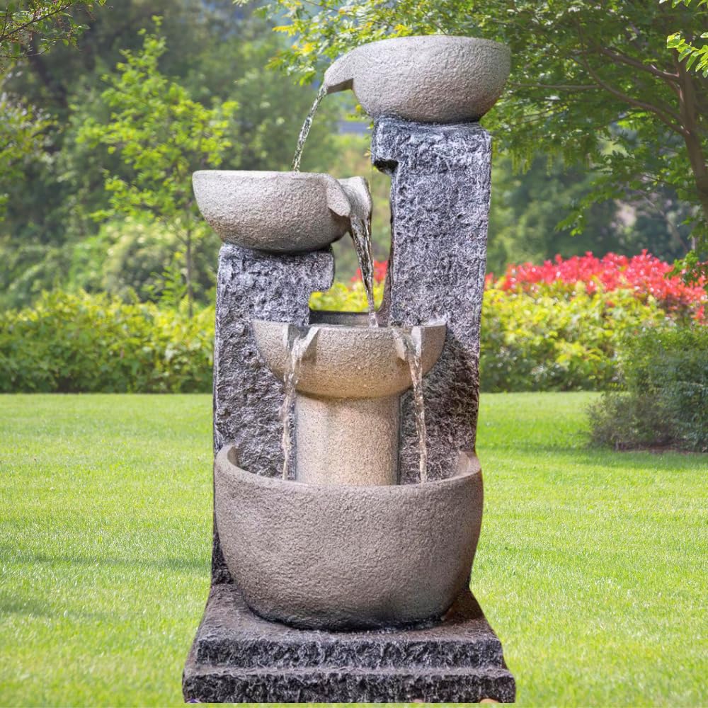 Shawshank 3ft Long 3 Bowl Grey Water Fountain for Indoor Outdoor Garden Home Decor, Stacked 4 Pot Water Fountain-picture-2