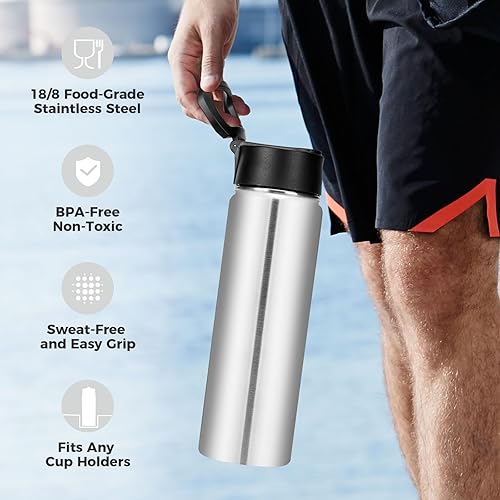 Miniatura 4 de Neihepal Botella de agua aislada de 22 onzas con tapa con popote, botellas de agua de acero inoxidable al vacío de doble pared a prueba de fugas,