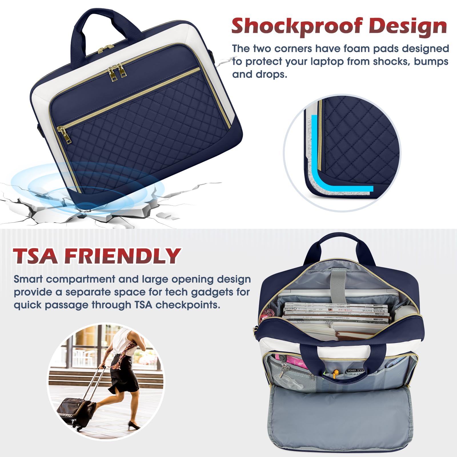 NEWHEY Borsa per computer portatile da 17,3 pollici valigetta per computer da donna grande borsa per computer | Borsa a tracolla impermeabile con tasche multiple e tracolla imbottita, per lavoro, ufficio, università, blu e beige