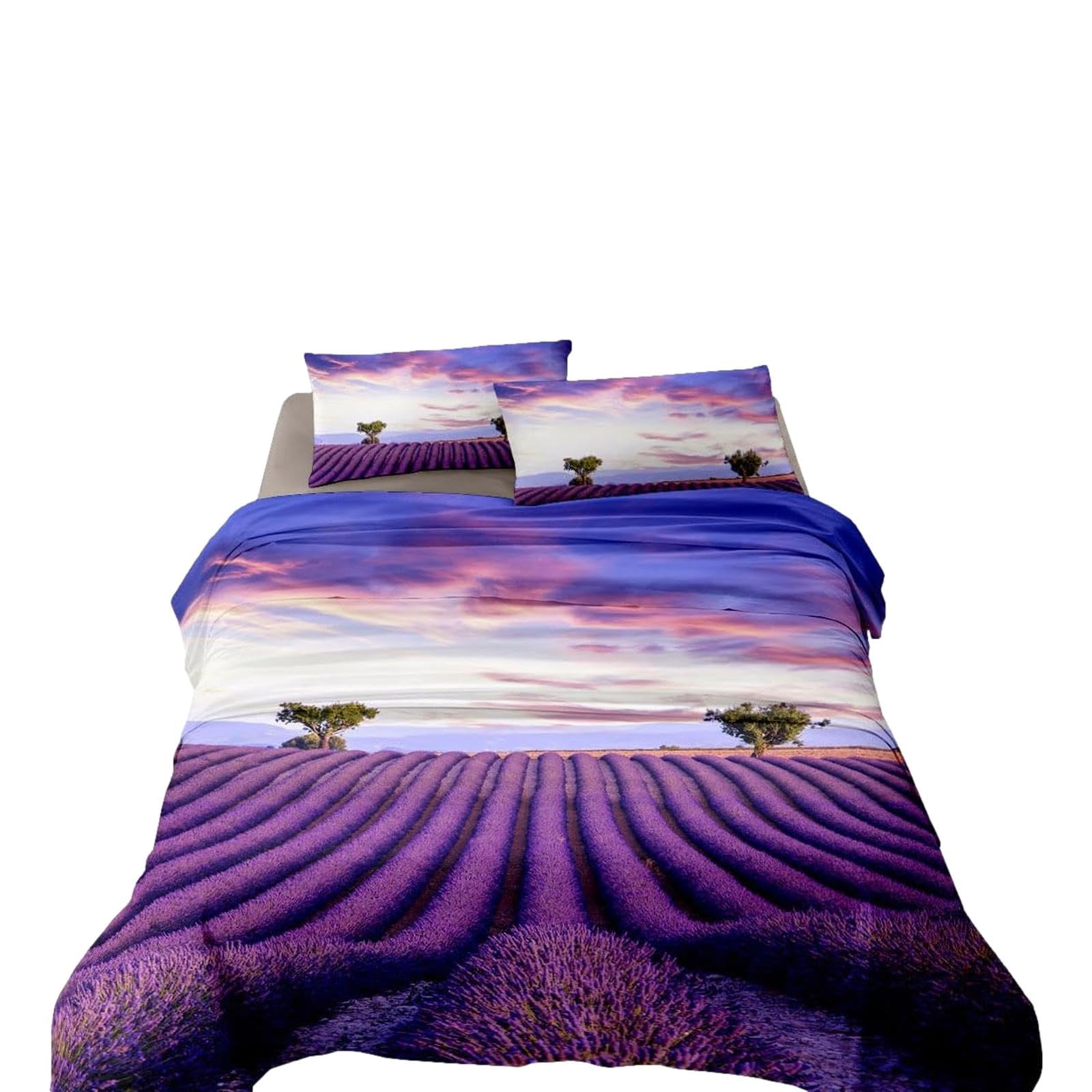 Completo Lenzuola Matrimoniale in Cotone, Stampa Alta Qualità, Set Lenzuolo Sotto + Lenzuolo Sopra + 2 Federe, Comfort e Morbidezza per Pelli Sensibili. Fantasia: Lavanda