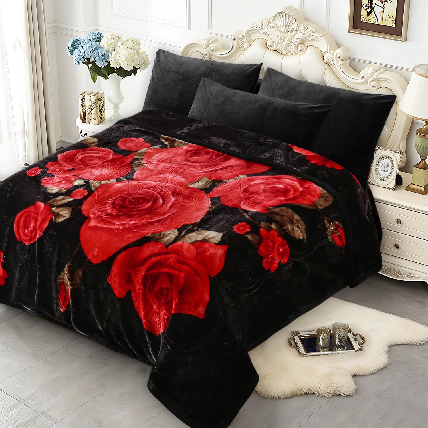 JYK Soft Blanket Korean Mink Blanket, 5.7 LB Fleece Blanket King 83'' x 91'' - 2 Ply Reversible 520GSM Super Soft Plush, Medium Thick, Warm Bed Blanket for Autumn Winter - Peony/Rose