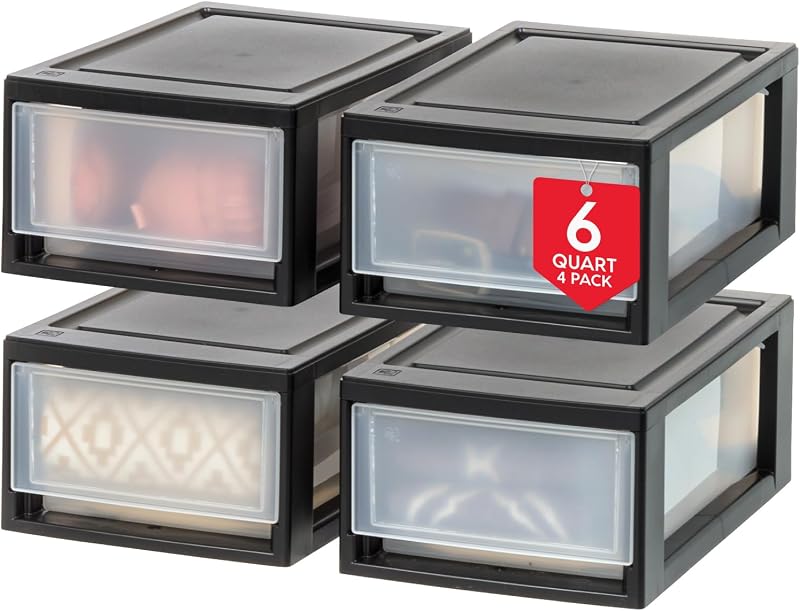 4-Pack, 6 Qt. Small Stacking Drawer Storage Organizer, Black | Organize dorm essentials, school supplies, toiletries, snacks, and accessories with stackable drawers for small-space storage
