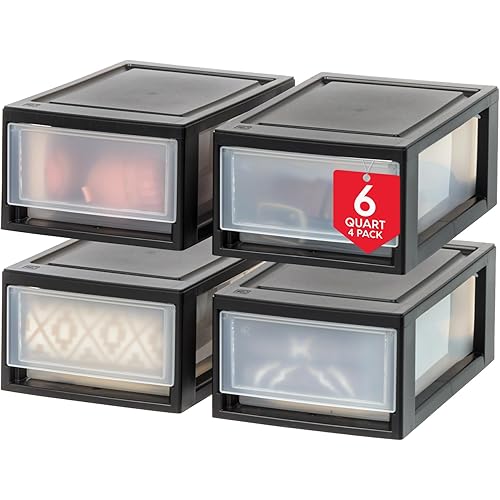 IRIS USA 6 Qt. Small Plastic Stacking Drawer, Stackable Storage Organizer Unit with Sliding Drawer for Bedroom Kitchen Under Sink Pantry Craft Room Dorm Office, Black, 4-Pack