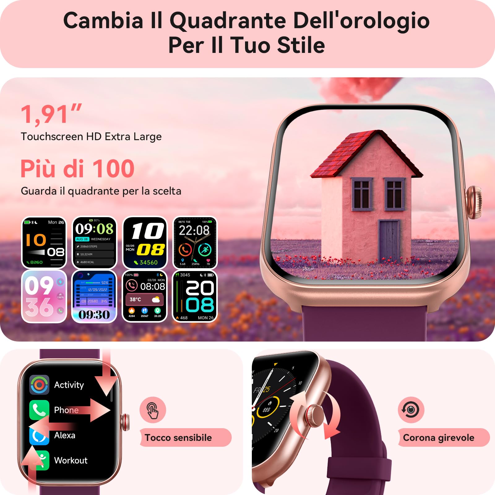 Orologio Smartwatch Donna- 1.91" Smartwatch con Chiamata Bluetooth Alexa, 24H Sonno Cardiofrequenzimetro Spo2, 120 Modalità Sport, Impermeabile IP68 Sportivo Digitale Contapassi Donna per Android iOS