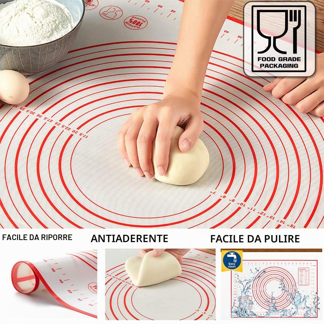 Mattarello Acciaio Inox con Manici | Mattarello Antiaderente con Tappetino Silicone | Mattarelli Rullo per Pasta di Zucchero, Ravioli, Biscotti, Tortellini, Fondente, Pizza, Pasta Sfoglia | 44.9*5.9cm