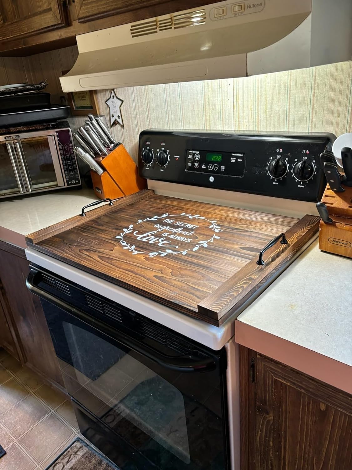 Noodle Board Stovetop Cover with Handles, Sink Wood Block Covers for Electric & Gas Stove, RV Stove Burner, Farmhouse Decorative Wooden Tray for Kitchen-The Secret Ingredient Is Always Love
